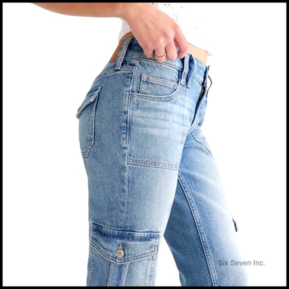 Flare Mid-Rise Cargo Jeans Y2K Retro Fitted Stretch Denim Cargo Pockets - Picture 4 of 4